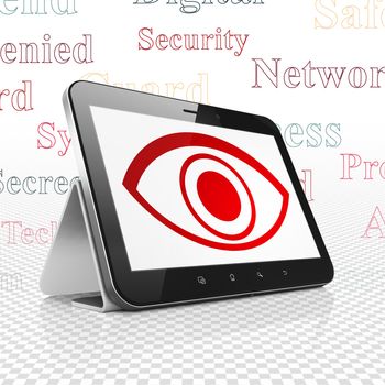 Privacy concept: Tablet Computer with  red Eye icon on display,  Tag Cloud background