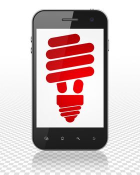 Business concept: Smartphone with red Energy Saving Lamp icon on display
