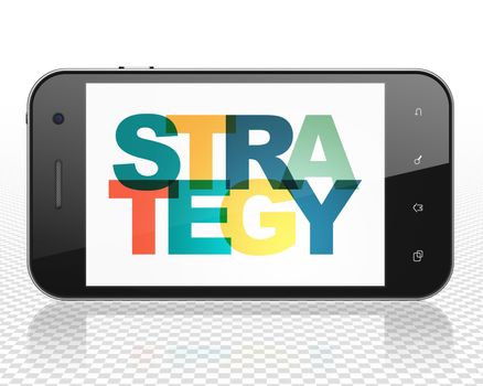 Business concept: Smartphone with Painted multicolor text Strategy on display