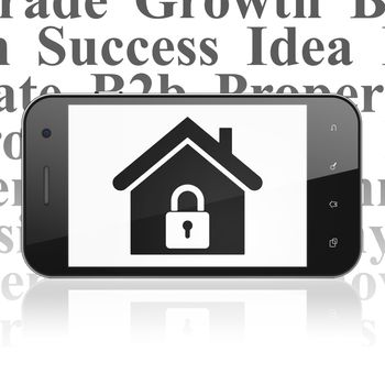 Finance concept: Smartphone with  black Home icon on display,  Tag Cloud background