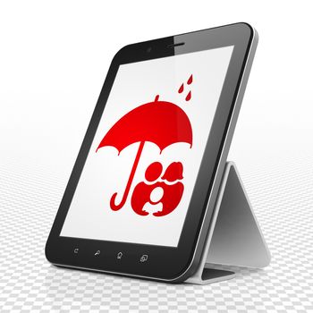Insurance concept: Tablet Computer with red Family And Umbrella icon on display