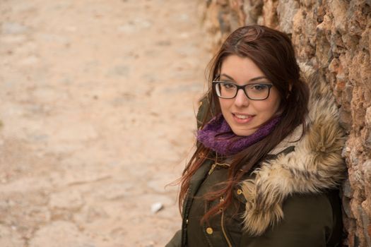 Beautiful young caucasian girl posing outdoors in Monemvasia, Greece.