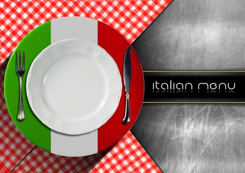 Restaurant menu with italian flag, white empty plate, silver cutlery and text Italian Menu.