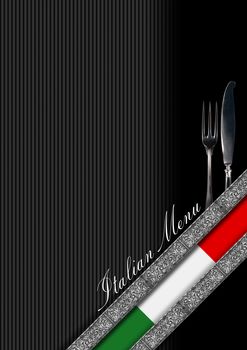 Restaurant menu with italian flag, silver cutlery, diagonals silver bands and text Italian Menu
