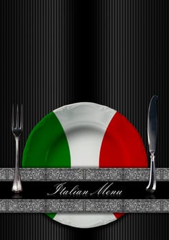 Restaurant menu with green, red and white plate, italian flag, silver cutlery, two silver floral bands and text Italian Menu