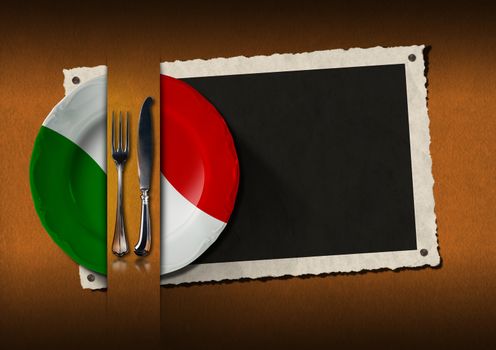 Empty photo frame with a plate with the colors of Italian flag and silver cutlery on brown velvet background. Template for an elegant Italian restaurant menu