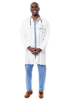 Full length image of african male doctor over white
