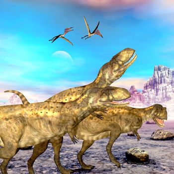 Abelisaurus theropod dinosaurs hunt for their next prey as three Zhejiangopterus reptile birds follow them.