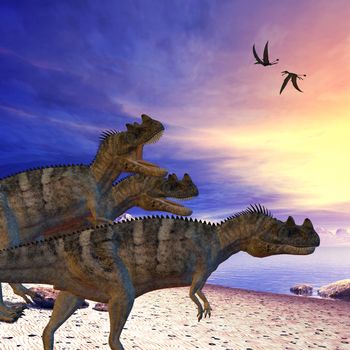 Ceratosaurus dinosaurs search the beach for prey as two Dorygnathus flying reptile pass overhead.