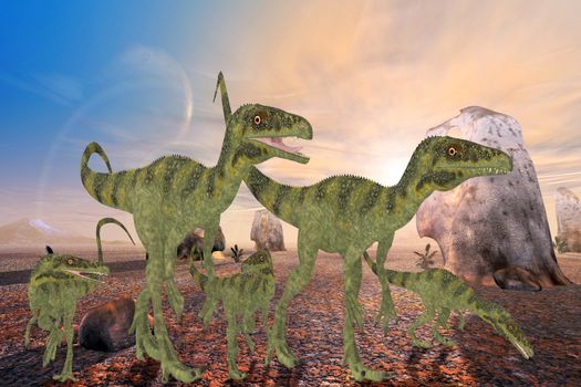 A family of Juravenator dinosaurs cross a desert area looking for a better habitat to hunt prey.