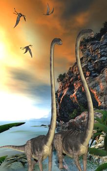 Dorygnathus dinosaur reptiles fly over two Omeisaurus dinosaurs walking along a steep cliff.