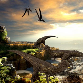 Stegoceras dinosaurs eat the vegetation along a rocky coast as Pteranodon reptiles fly overhead.