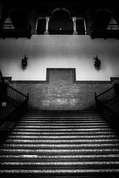 Saville, Spain. Old Spanish Renaissance Revival staircase made of marble and wood.