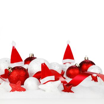 Christmas card with beautiful red and white decorations in snow