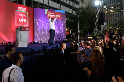 GREECE, Athens: Alexis Tsipras, former Prime Minister and leader of the Syriza party, waves at supporters during the party's main election campaign rally in Athens, Greece on September 18, 2015. The Greek General Election will be held on September 20