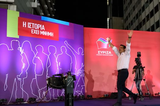 GREECE, Athens: Alexis Tsipras, former Prime Minister and leader of the Syriza party, waves at supporters during the party's main election campaign rally in Athens, Greece on September 18, 2015. The Greek General Election will be held on September 20