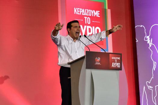 GREECE, Athens: Alexis Tsipras, former Prime Minister and leader of the Syriza party, addresses supporters during the party's main election campaign rally in Athens, Greece on September 18, 2015. The Greek General Election will be held on September 20