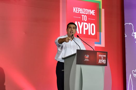 GREECE, Athens: Alexis Tsipras, former Prime Minister and leader of the Syriza party, addresses supporters during the party's main election campaign rally in Athens, Greece on September 18, 2015. The Greek General Election will be held on September 20