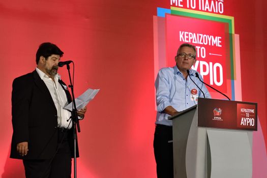 GREECE, Athens: Pierre Laurent (R) of the French Communist Party (PCF) addresses Syriza party supporters during the party's main election campaign rally in Athens, Greece on September 18, 2015. The Greek General Election will be held on September 20