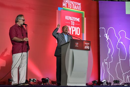 GREECE, Athens: Gregor Gysi (R) of the leftist German party Die Linke speaks to Syriza party supporters during the party's main election campaign rally in Athens, Greece on September 18, 2015. The Greek General Election will be held on September 20