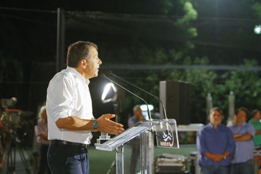 GREECE, Athens: Former-journalist and Party leader of To Potami ('The River') Stavros Theodorakis addresses a supporter rally in Athens on September 18, 2015, two days ahead of the Greek General election, the second to be held within the year