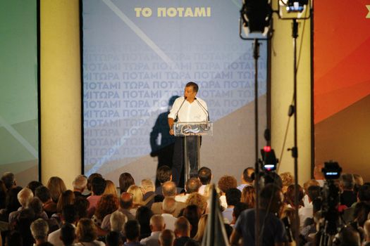 GREECE, Athens: Former-journalist and Party leader of To Potami ('The River') Stavros Theodorakis addresses a supporter rally in Athens on September 18, 2015, two days ahead of the Greek General election, the second to be held within the year