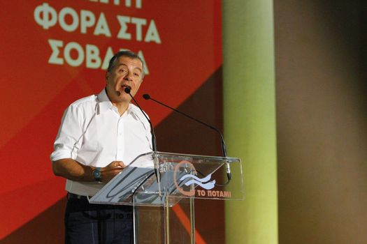 GREECE, Athens: Former-journalist and Party leader of To Potami ('The River') Stavros Theodorakis addresses a supporter rally in Athens on September 18, 2015, two days ahead of the Greek General election, the second to be held within the year