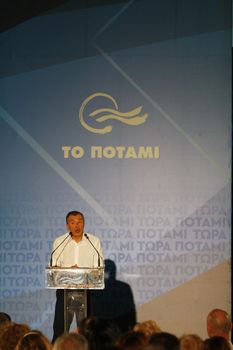 GREECE, Athens: Former-journalist and Party leader of To Potami ('The River') Stavros Theodorakis addresses a supporter rally in Athens on September 18, 2015, two days ahead of the Greek General election, the second to be held within the year