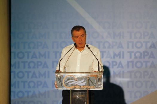 GREECE, Athens: Former-journalist and Party leader of To Potami ('The River') Stavros Theodorakis addresses a supporter rally in Athens on September 18, 2015, two days ahead of the Greek General election, the second to be held within the year