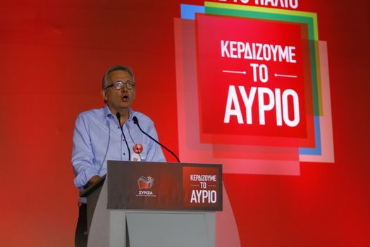 GREECE, Athens: Pierre Laurent, the National secretary of the French Communist Party, addresses Syriza supporters during the party's final election rally at Syntagma Square, Athens on September 18, 2015 two days ahead of the Greek General Election