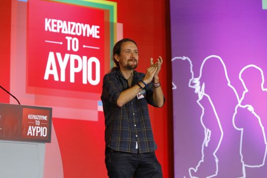 GREECE, Athens: Pablo Iglesias, the leader of the Spanish anti-austerity Podemos party, applauds the crowd of Syriza supporters during the party's final election rally at Syntagma Square, Athens on September 18, 2015 two days ahead of the Greek General Election