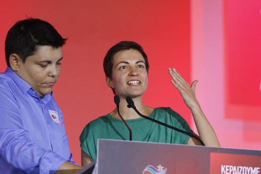 GREECE, Athens: German Green MEP Ska Keller addresses Syriza supporters during the party's final election rally at Syntagma Square, Athens on September 18, 2015 two days ahead of the Greek General Election