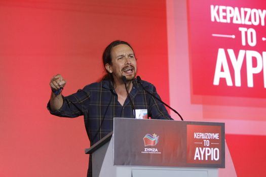 GREECE, Athens: Pablo Iglesias, the leader of the Spanish anti-austerity Podemos party, addresses Syriza supporters during the party's final election rally at Syntagma Square, Athens on September 18, 2015 two days ahead of the Greek General Election