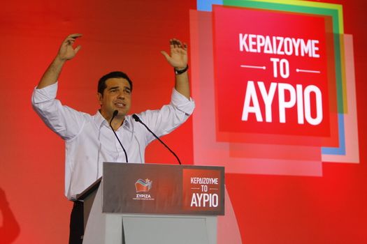 GREECE, Athens: Alexis Tsipras, former Prime Minister and current leader of Syriza, addresses a crowd of Syriza supporters during the party's final election rally at Syntagma Square, Athens on September 18, 2015 two days ahead of the Greek General Election