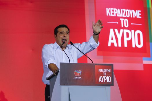 GREECE, Athens: Alexis Tsipras, former Prime Minister and current leader of Syriza, addresses a crowd of Syriza supporters during the party's final election rally at Syntagma Square, Athens on September 18, 2015 two days ahead of the Greek General Election