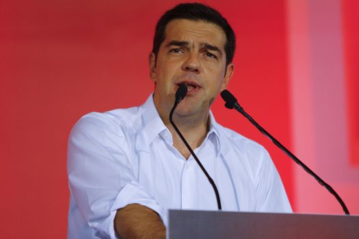 GREECE, Athens: Alexis Tsipras, former Prime Minister and current leader of Syriza, addresses a crowd of Syriza supporters during the party's final election rally at Syntagma Square, Athens on September 18, 2015 two days ahead of the Greek General Election