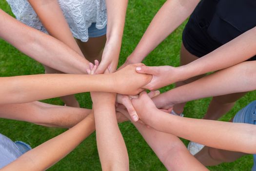 Many arms of girls holding hands together above green grass