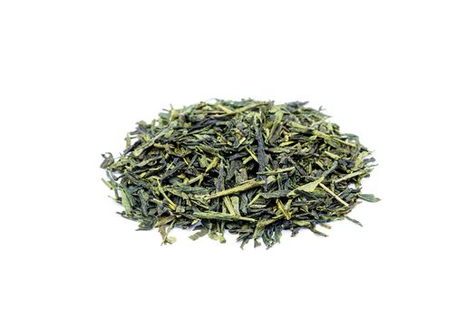 Heap of loose green tea Sencha isolated on white background