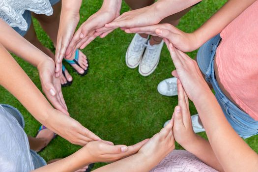 Many arms of young girls with hands making circle above green grass