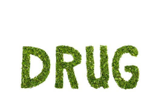 Word DRUG letters made of green hemp leaves isolated on white background