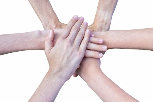 Six arms unite with hands on each other isolated on white background