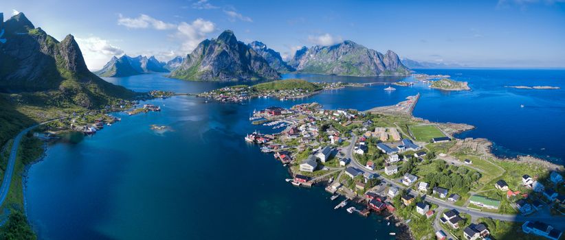 Scenic aerial view of fishing town Reine on Lofoten islands, Norway