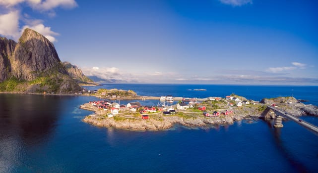 Scenic village Hamnoya with traditional red rorbu cabins on Lofoten islands in Norway