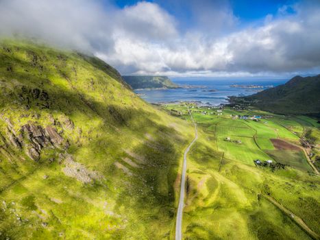 Aerial view of scenic road on Lofoten islands