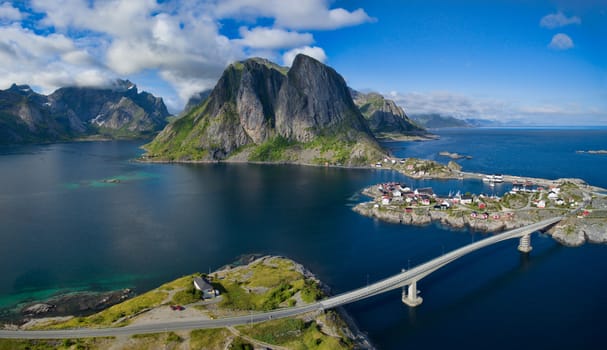 Aerial panorama of bridge to Hamnoya, fishing village on Lofoten islands in Norway