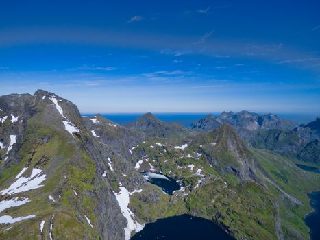 Aerial view of highest peaks on Lofoten islands in Norway