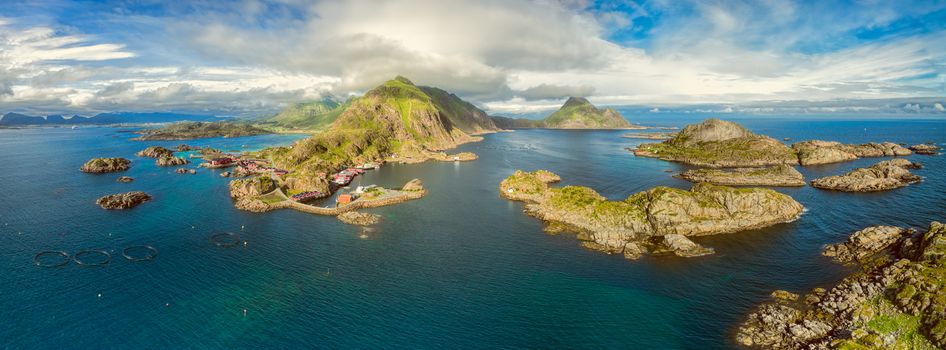 Aerial panorama of scenic fishing village Mortsund on Lofoten islands, Norway