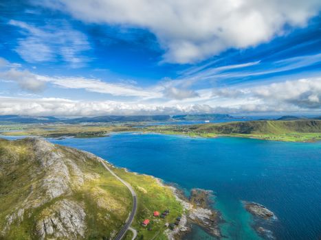 Aerial view of beautiful Lofoten islands around Leknes