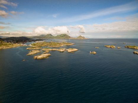 Aerial view of islets in the sea near Ballstad on Lofoten islands in Norway