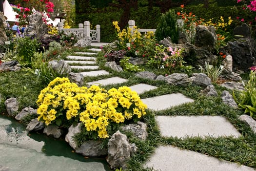 Path in garden with rocks, flowers and plants